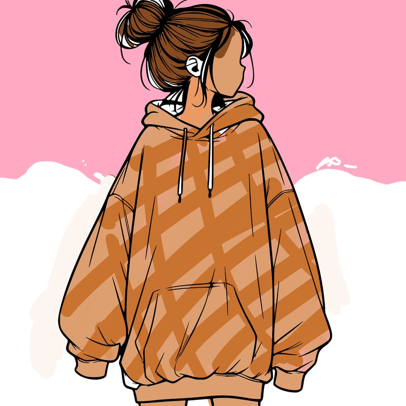 realistic girl with a oversized sweatshirt on and a bun