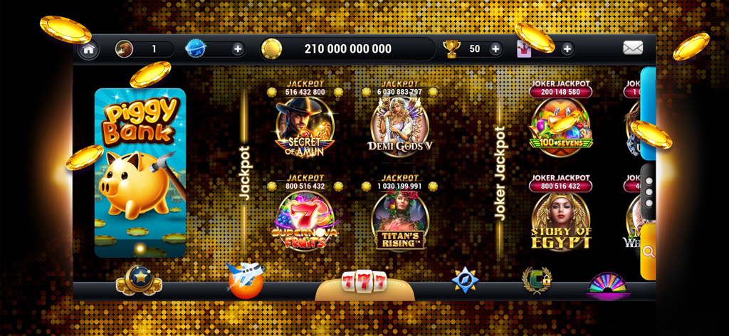 Lobby screen of Lounge777 social casino app featuring various slot games and chip balance