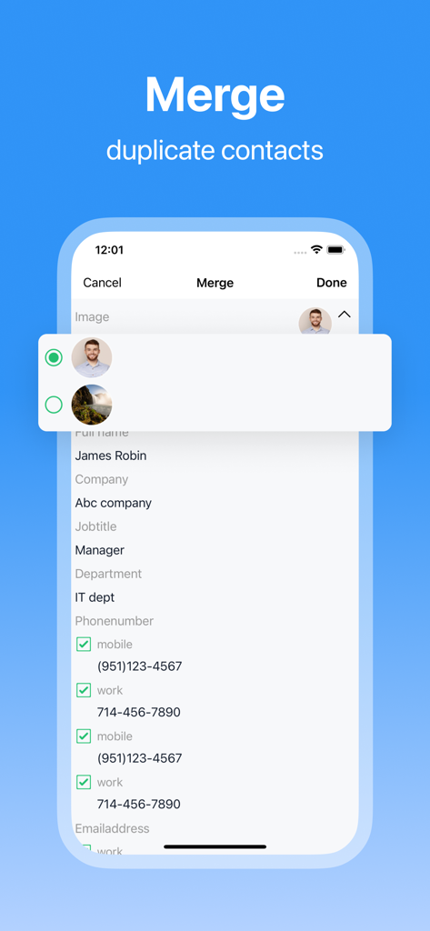 SA Contacts 앱 화면에 중복 연락처 병합 기능 표시