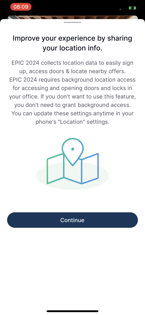 EPIC by ISPT - Location permission screen for EPIC by ISPT app showing building access benefits