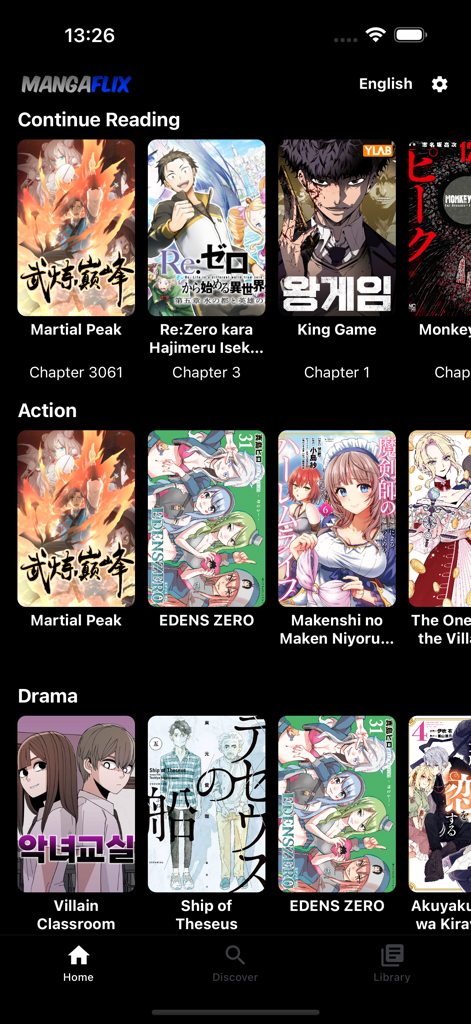 MangaFlix app home screen showing manga titles and categories in dark mode