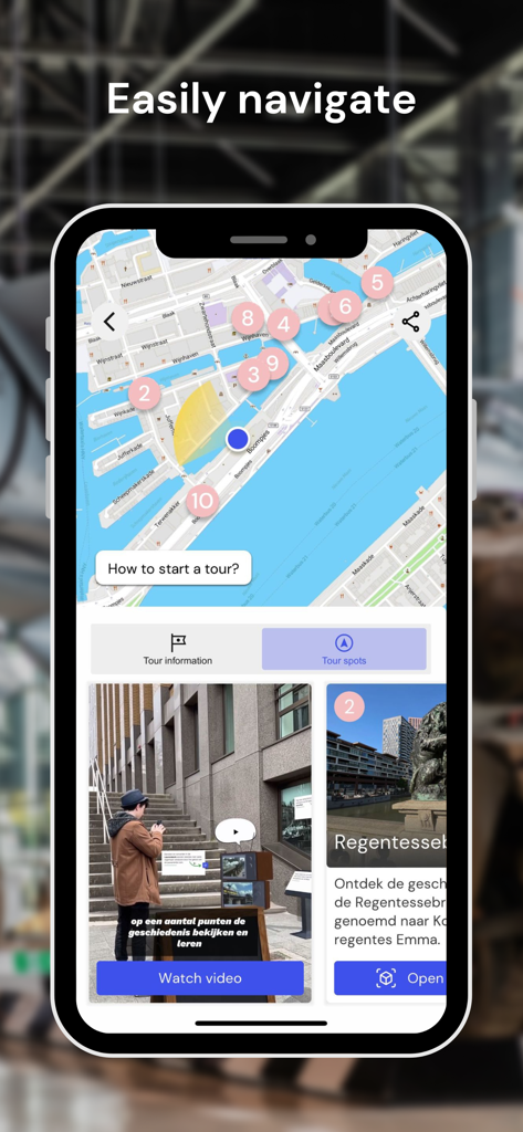 Wintor AR Tours - Mobile app interface showing a city map with numbered tour spots and interactive augmented reality content cards.