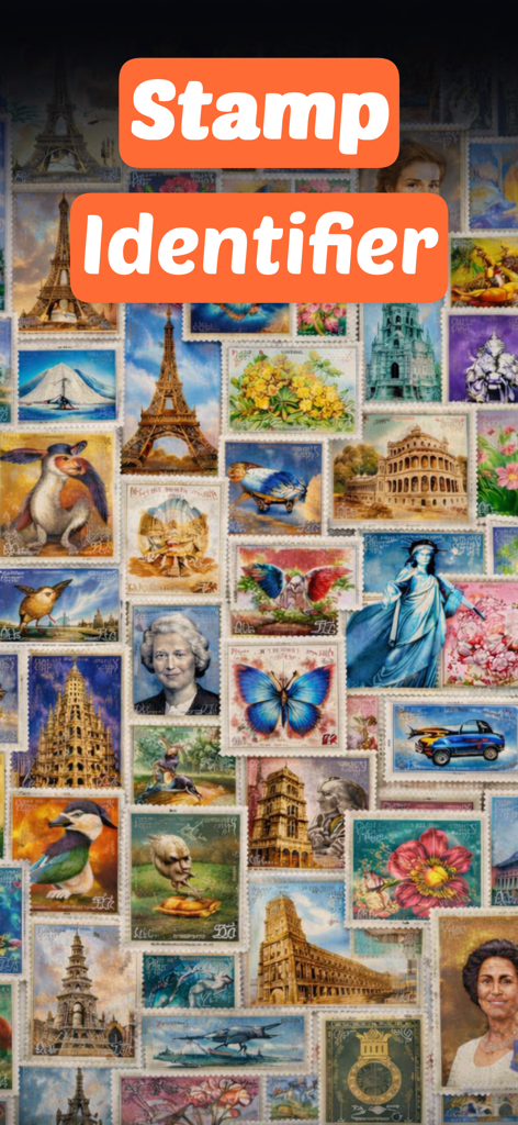Stamp identifier - StampSnap - A collage of various international postage stamps with the text Stamp Identifier