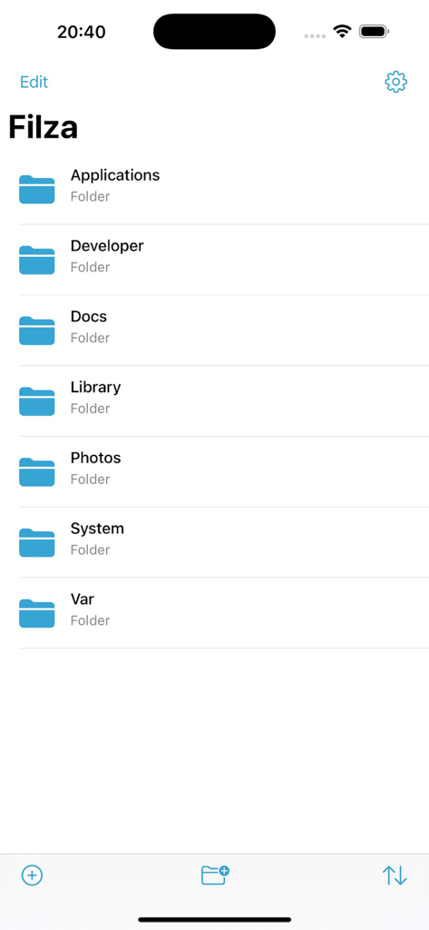 Main screen of the Filza Pro file manager app showing a list of folders like Applications and Photos on an iPhone.