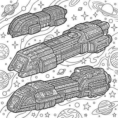Embark on an interstellar journey with this unique coloring page featuring futuristic mining barges adorned with intricate Zentangle patterns. Perfect for sci-fi fans and those seeking a relaxing, detailed coloring experience.