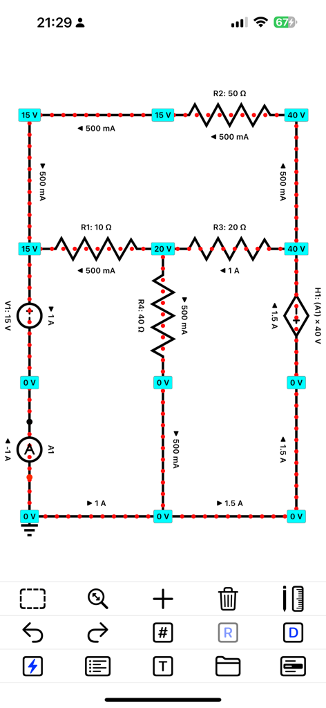 Schaltplan mit Echtzeit-Stromfluss-Animationen und Knotenspannungen
