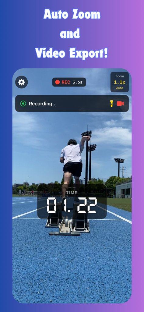 Sprint Start Recorder - A sprinter in starting blocks on a track with a digital timer overlay and recording interface