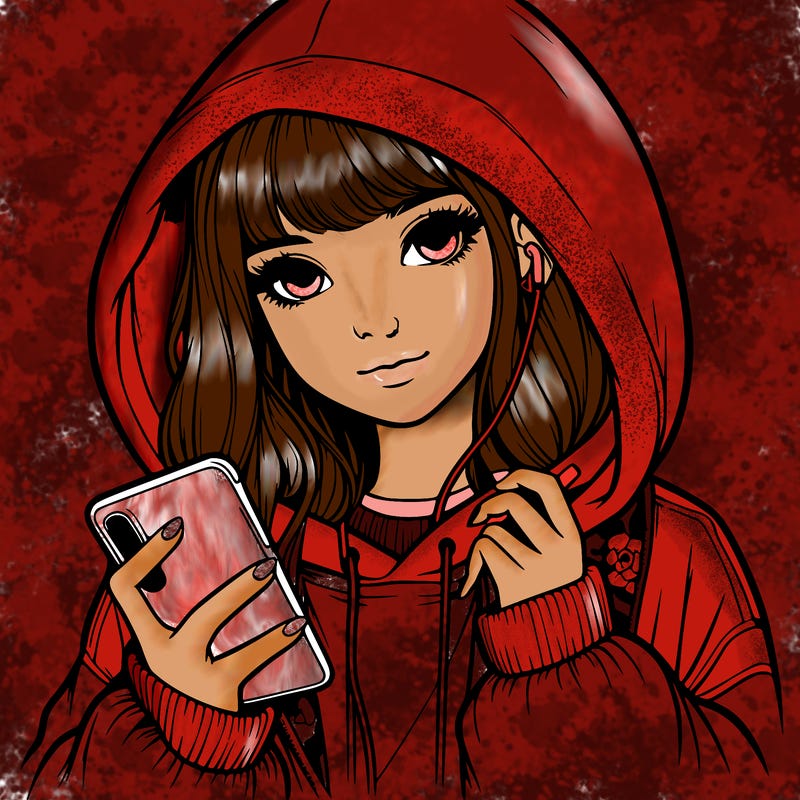 realistic girl with oversized hood and holding a phone