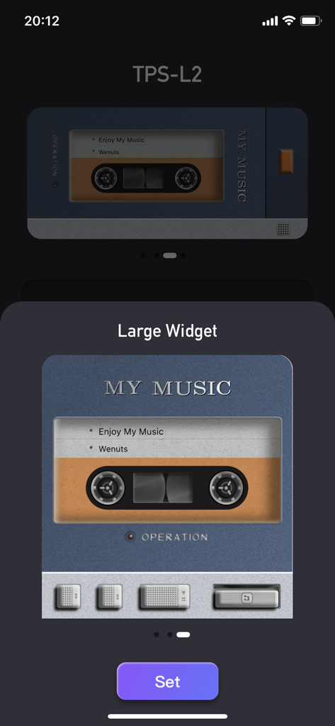 Muwi: Music Widget - Large music widget preview with a vintage blue and orange cassette player theme