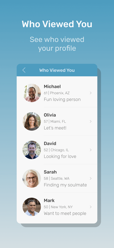 A list of member profiles on the Republican Singles Dating app showing who recently viewed the user profile.