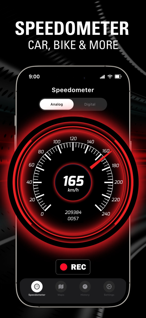 Captura de pantalla de iPhone de la aplicación Speedometer Speed Tracker GPS que muestra un medidor analógico rojo personalizable y la función de registro de viajes