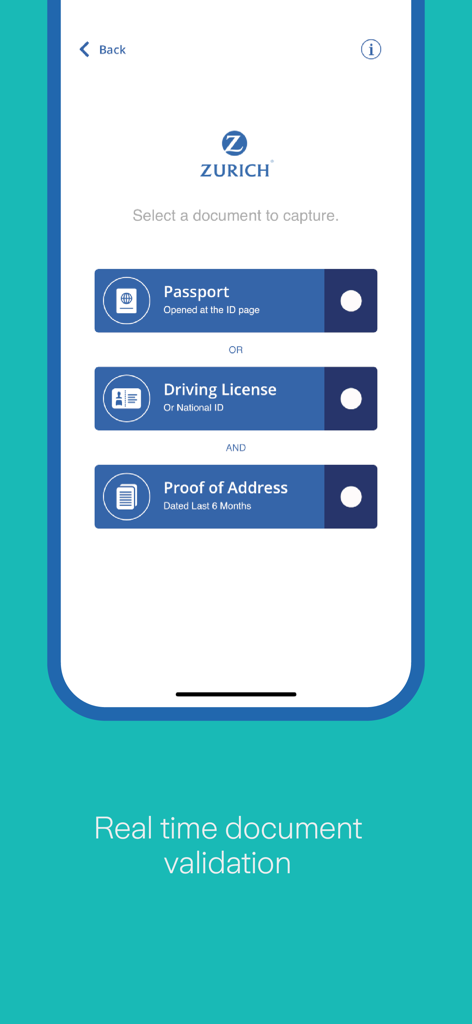 Zurich Verify - Interface do aplicativo Zurich Verify mostrando opções para selecionar passaporte, carteira de motorista ou comprovante de residência para validação de documentos em tempo real.