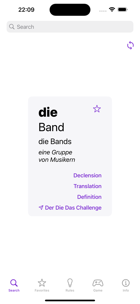 Interfaccia dell'app Der Die Das che mostra l'articolo e la forma plurale della parola tedesca Band