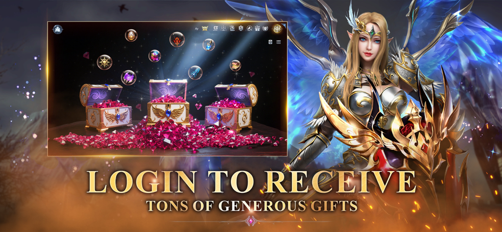 MU: Dark Awakening - Écran de récompense de connexion MU Dark Awakening avec des coffres au trésor et un personnage ailé