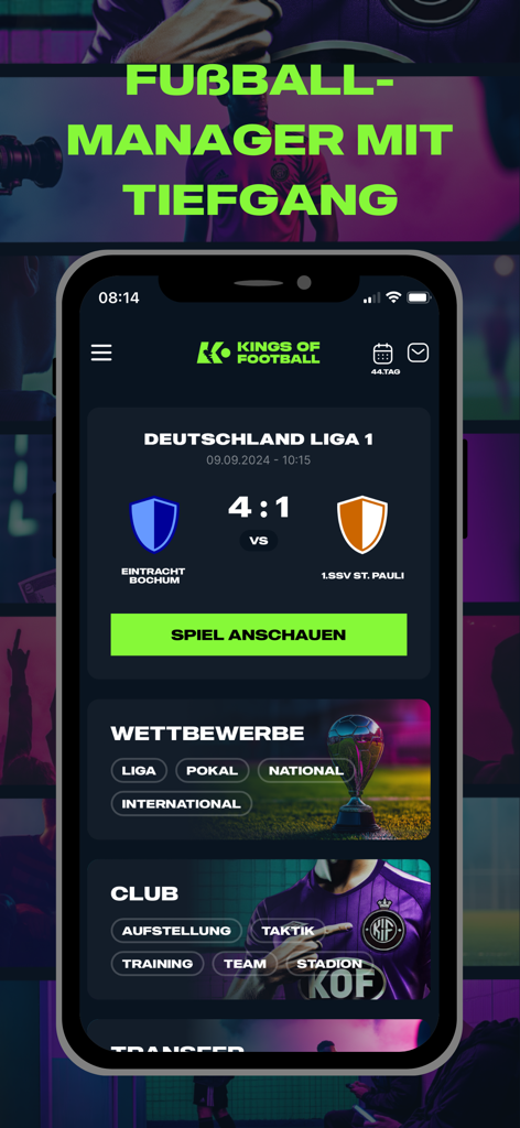 KINGS OF FOOTBALL - KoF - Pantalla de la aplicación KINGS OF FOOTBALL mostrando resultados de partidos y funciones de gestión del club