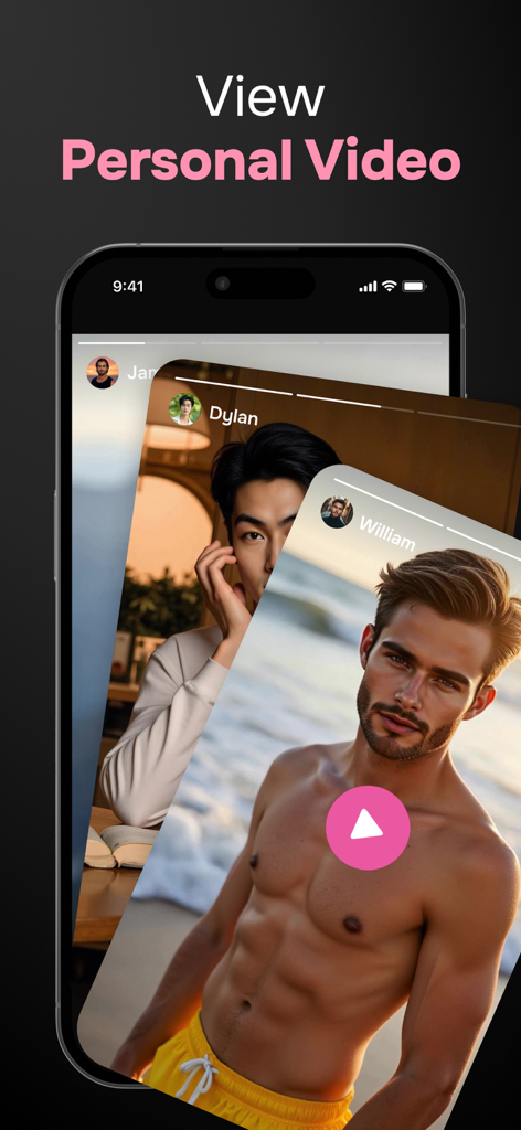 Smartphone screen displaying personal video profiles of AI boyfriends in the FriendX app.