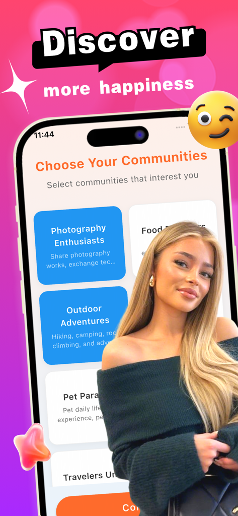 GrooveLand - Interfaccia iPhone dell'app Grooveland che mostra categorie di interessi della community come Appassionati di fotografia e Avventure all'aria aperta con l'intestazione Scopri più felicità
