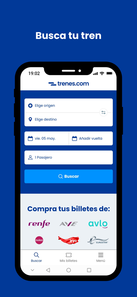 Trenes.com mobile app search screen for booking train tickets with logos of Renfe AVE and Iryo