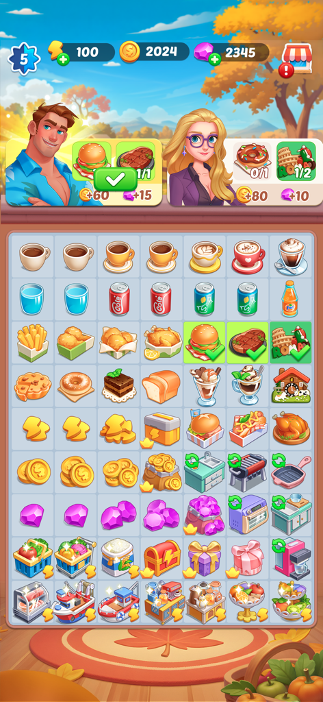Gossip Street: Merge & Cook - Gameplay screen of Gossip Street Merge and Cook showing merge board with food items and character orders