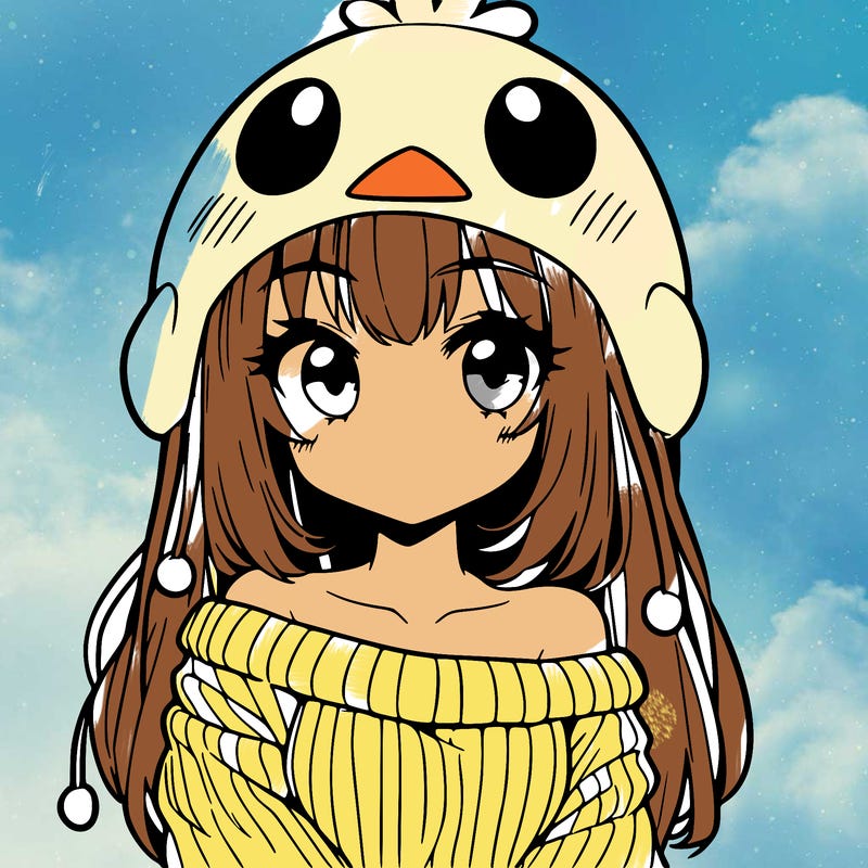 anime girl with chick shaped hat with sweater with bare shoulders with bangs covering them one eye with low tail