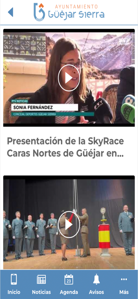 Güéjar Sierra - Interface do aplicativo Güéjar Sierra exibindo vídeos de notícias locais e anúncios de eventos comunitários