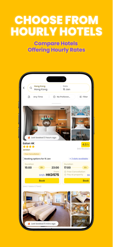 Flow Hotel & Workspace by Hour - Interfaccia dell'app Flow che mostra soggiorni in hotel disponibili ad ore e opzioni di prenotazione flessibili per affari e svago.