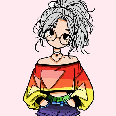 girl with a messy ponytail glasses a baggy crop top and jean shorts