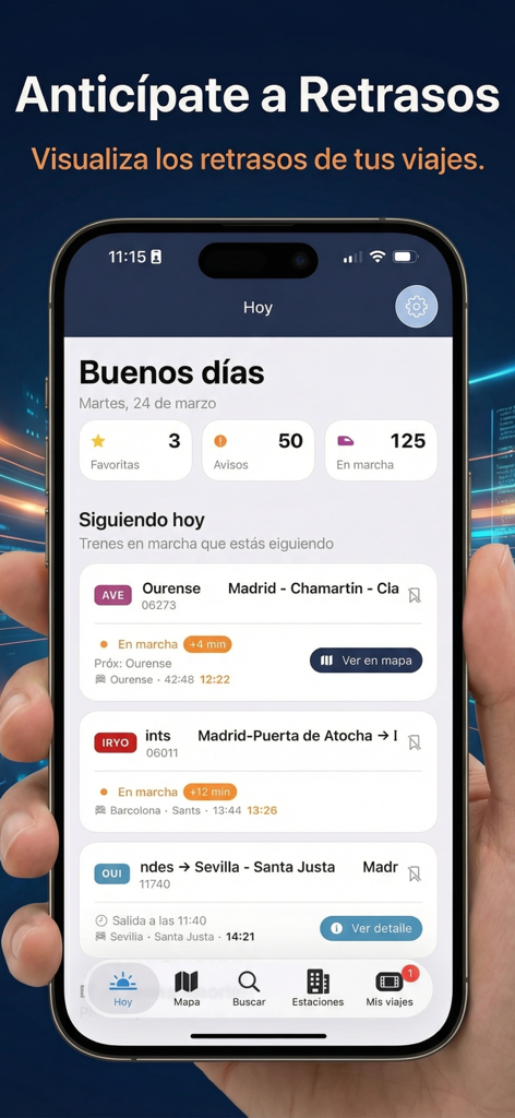 Spain Trains Live Map & Travel - Tableau de bord de suivi des retards de trains espagnols en temps réel et de statut en direct sur iPhone