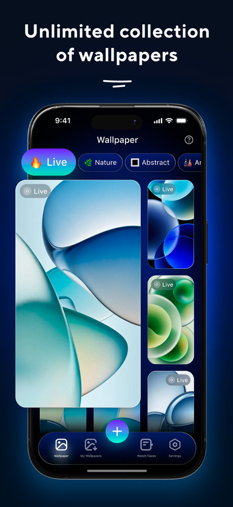 Live Screen 26 - Live Screen 26 app interface showing a gallery of abstract live wallpapers on an iPhone