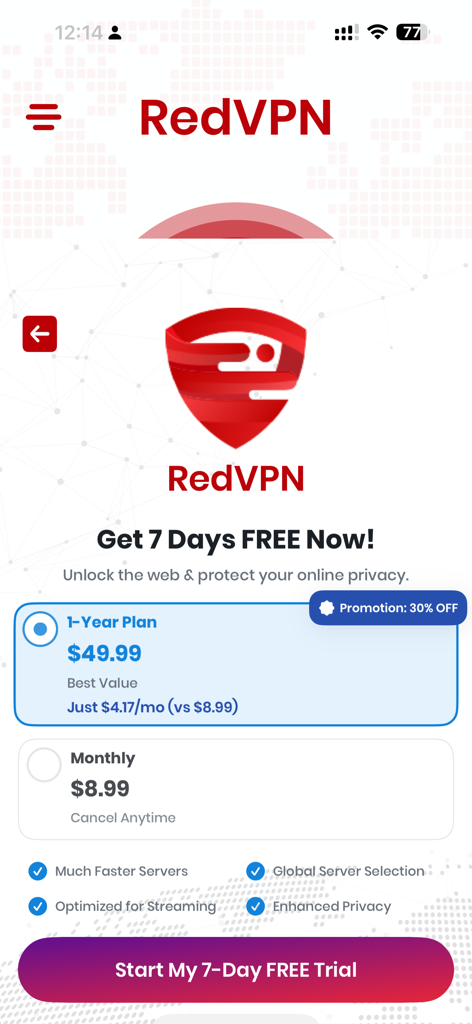 RedVPN: Fast Unlimited VPN - Interfaz de la aplicación RedVPN mostrando planes de suscripción anuales y mensuales con una oferta de prueba gratuita de 7 días