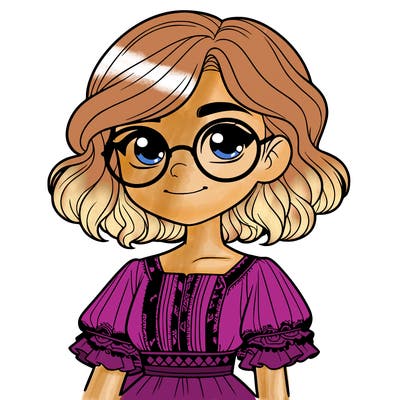 one girl with medium short hair, which are wavy. she has round glasses. she wears a latina outfit.