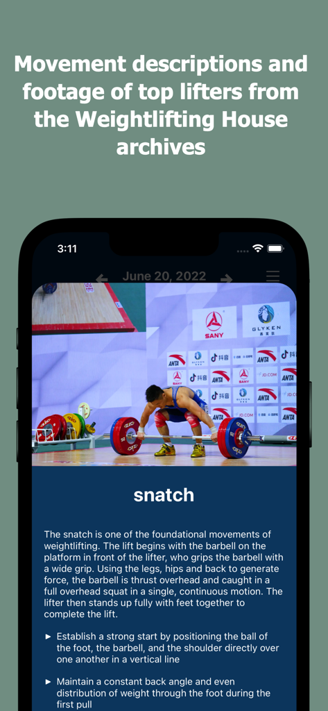Weightlifting.ai app interface showing a snatch lift tutorial with professional athlete footage and technical movement descriptions.