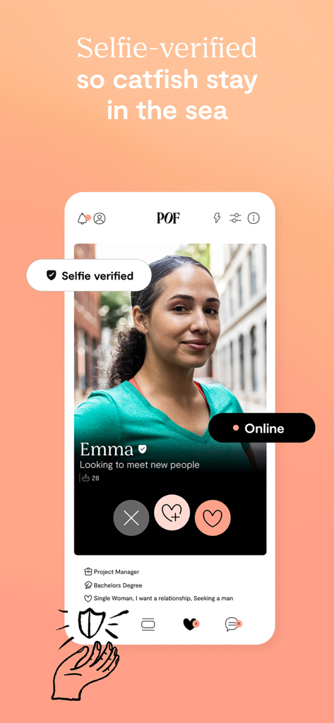 Plenty of Fish app screen showing a selfie-verified user profile