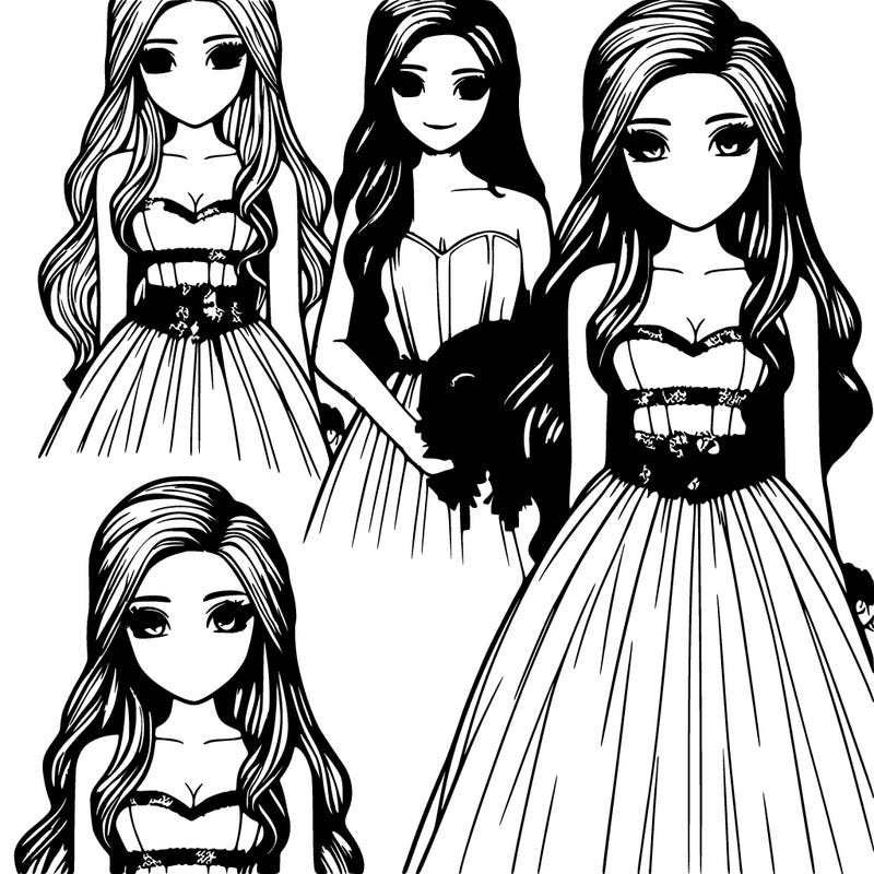 realistic girl in prom dress with long hair