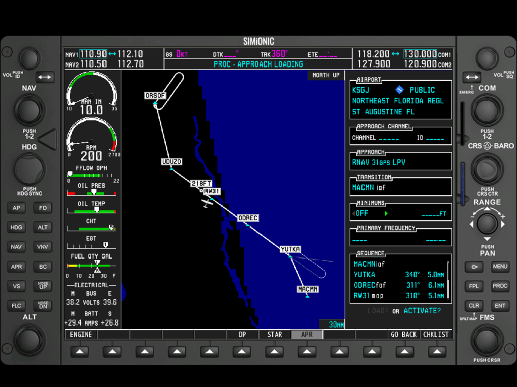Interface of the Simionic G1000 MFD app showing a navigation map and engine gauges