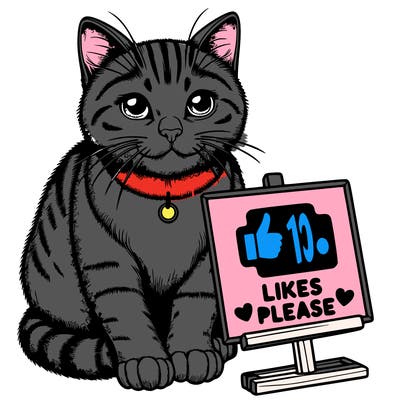 realistic cat with a sign near it saying 10 likes please