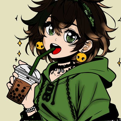 hot baddie anime girl drinking boba and biting the straw