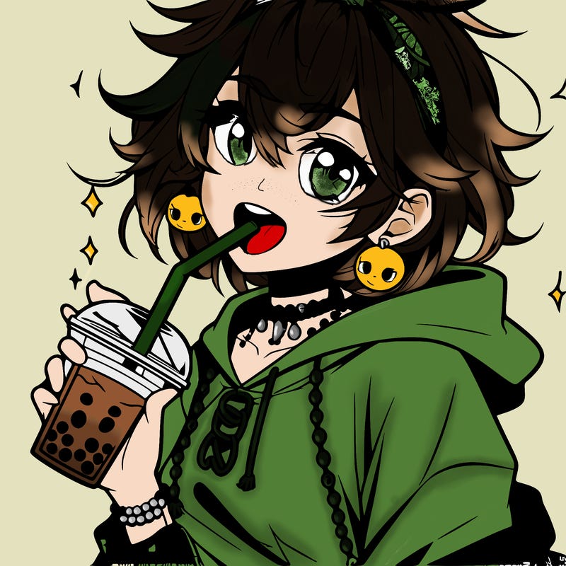 hot baddie anime girl drinking boba and biting the straw