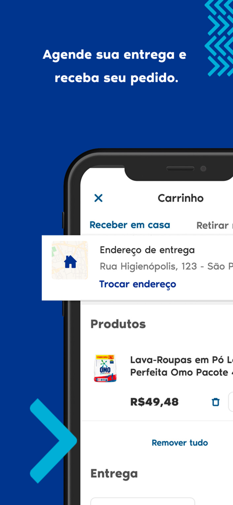Sams Club Brasil mobile app interface showing the shopping cart with home delivery options and product details