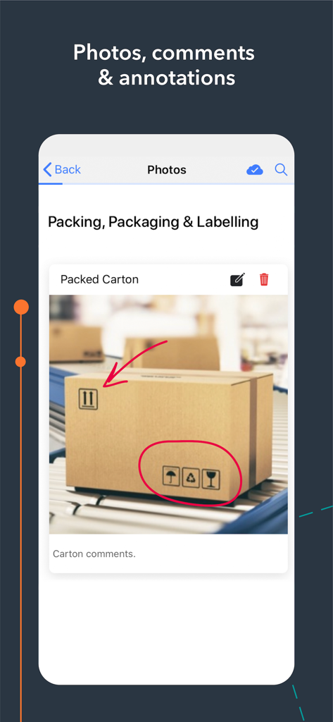 Pivot88 - Pivot88 app interface for photo comments and annotations during packing and labeling inspections.