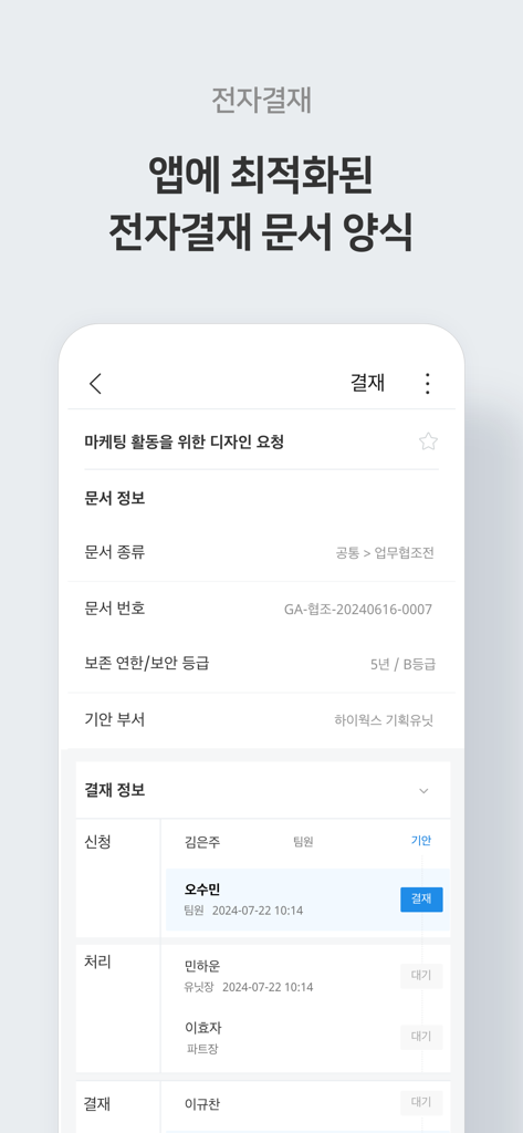 Hiworks app displaying an electronic document approval workflow on a mobile device.