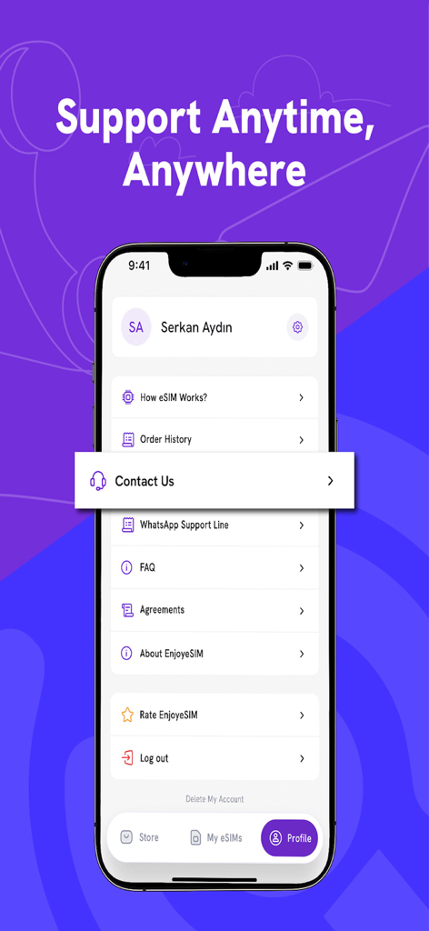 Enjoy eSIM: Global Internet - Enjoy eSIM app profile page showing 24/7 customer support options and contact us features