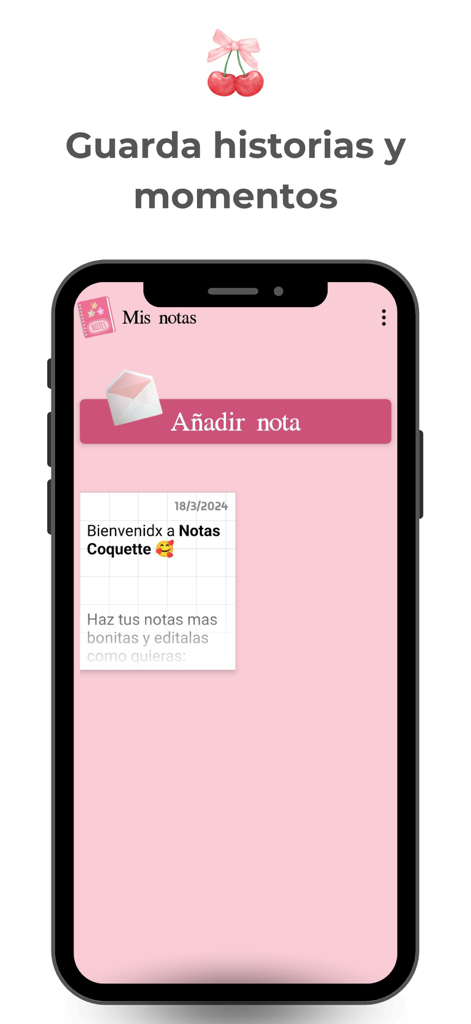 La pantalla de inicio de la app Notas Coquette mostrando una interfaz rosa con un botón para añadir nota y una nota de bienvenida.