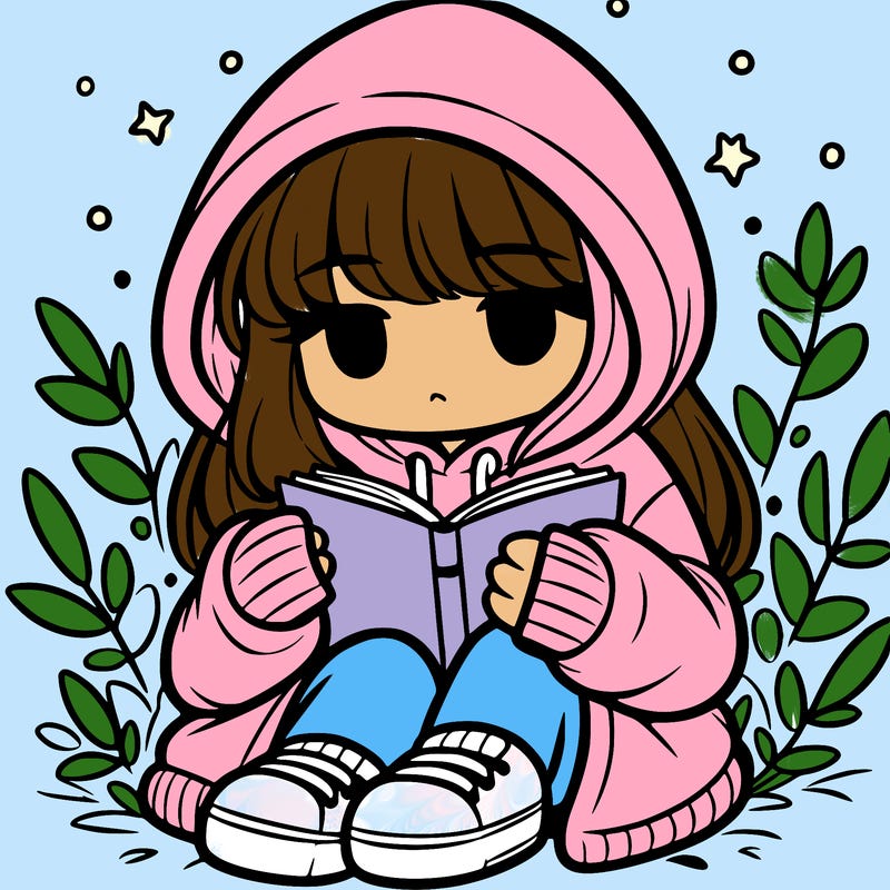 girl in oversized hoodie reading a book