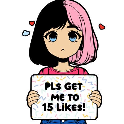 realistic girl holding up a sign that says “pls get me to 15 likes!”