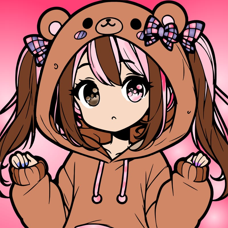 cute anime girl with ponytails and a cute bear hoodie