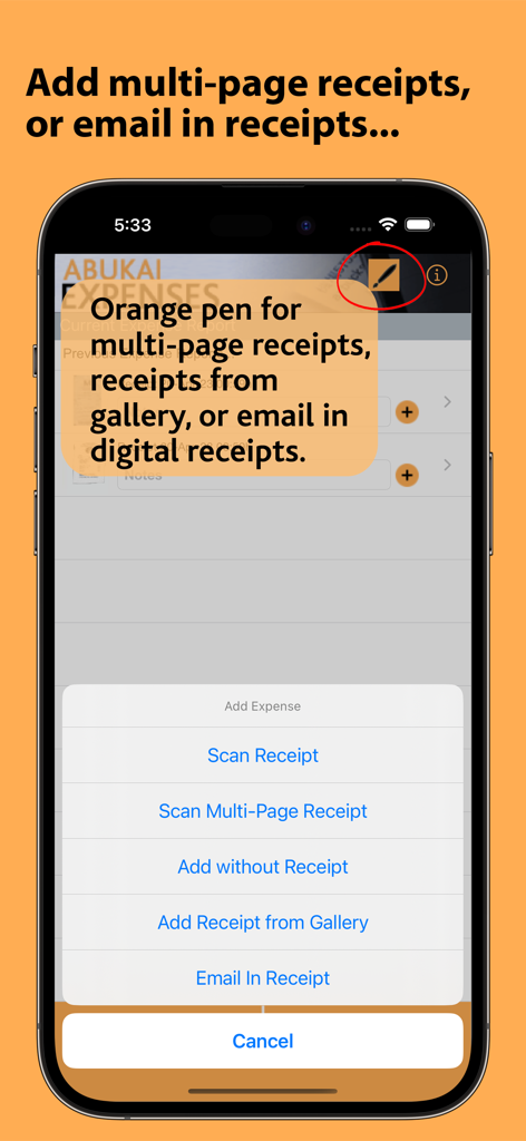 ABUKAI Expense Reports Receipt - Screenshot of ABUKAI app showing menu options for scanning multi-page receipts and emailing in digital receipts.