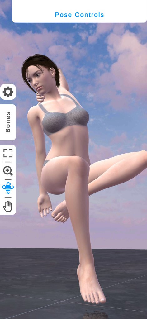 Ultimate Poser 3D Model Poses - A 3D female model in a dynamic seated pose within the Ultimate Poser app interface for drawing reference.