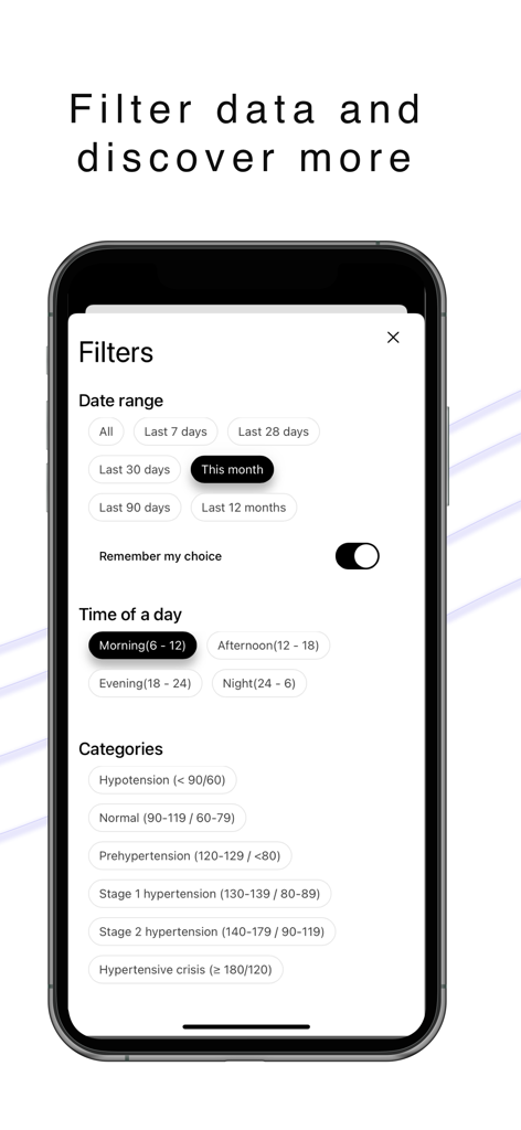 Filter screen in Blood Pressure H+ app showing options for date range time of day and blood pressure categories