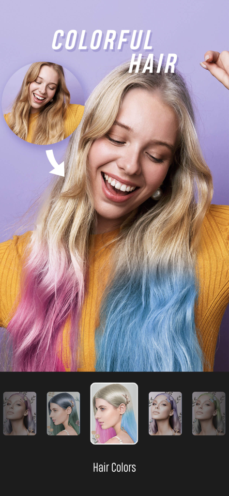 EasyArt:Photo Editor&Wallpaper - Une femme utilise la fonction d'édition de couleur de cheveux dans l'application EasyArt pour appliquer des filtres de cheveux roses et bleus